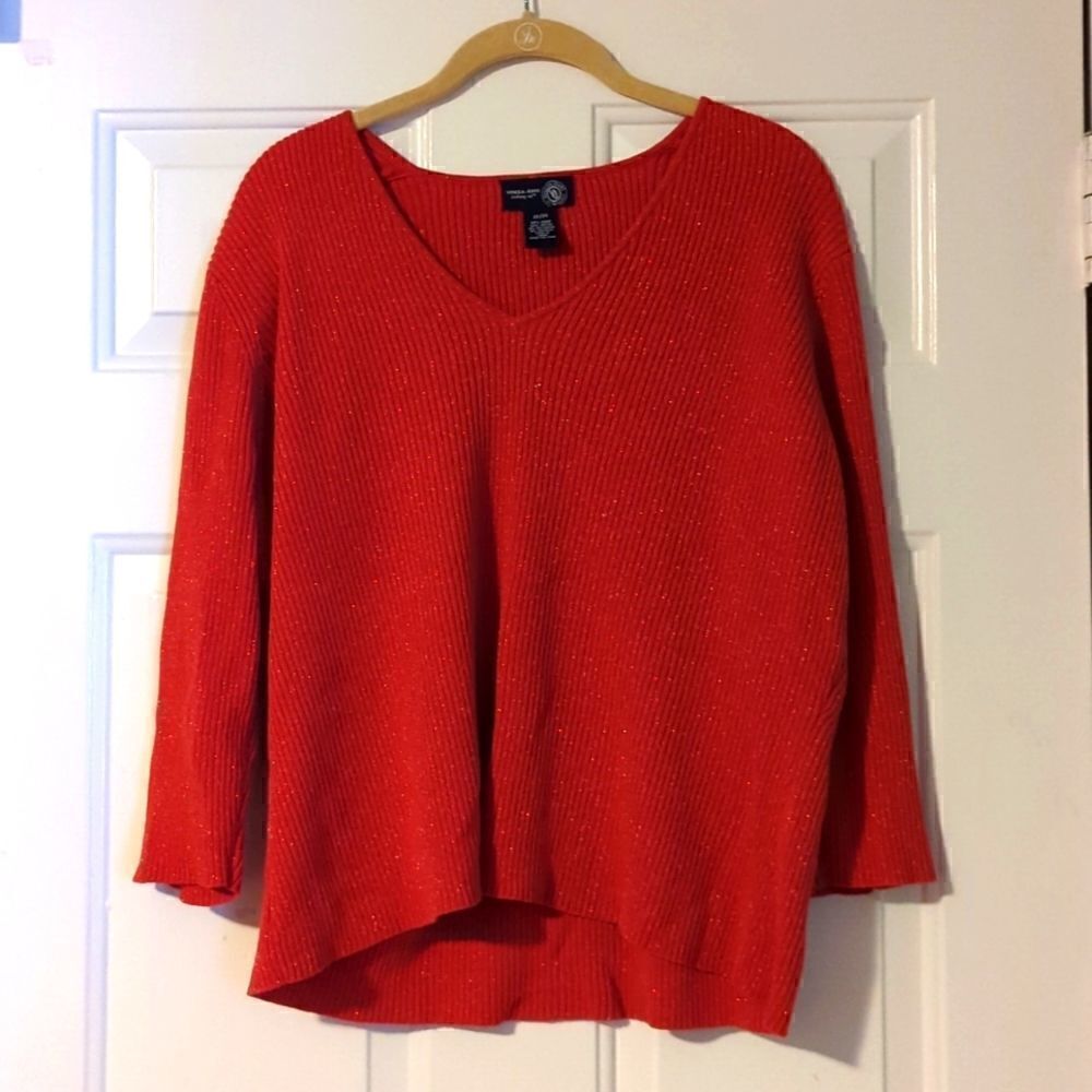 Venezia Plus Size 22 24 Red Sparkle V Neck Top 3/4 Sleeve